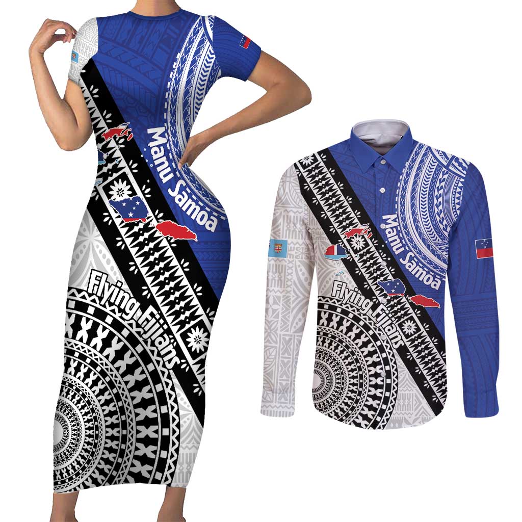 Fiji an Samoa Rugby Custom Couples Matching Short Sleeve Bodycon Dress and Long Sleeve Button Shirt Flying Fijians Manu Samoa Together Pacific LT14 Blue - Polynesian Pride