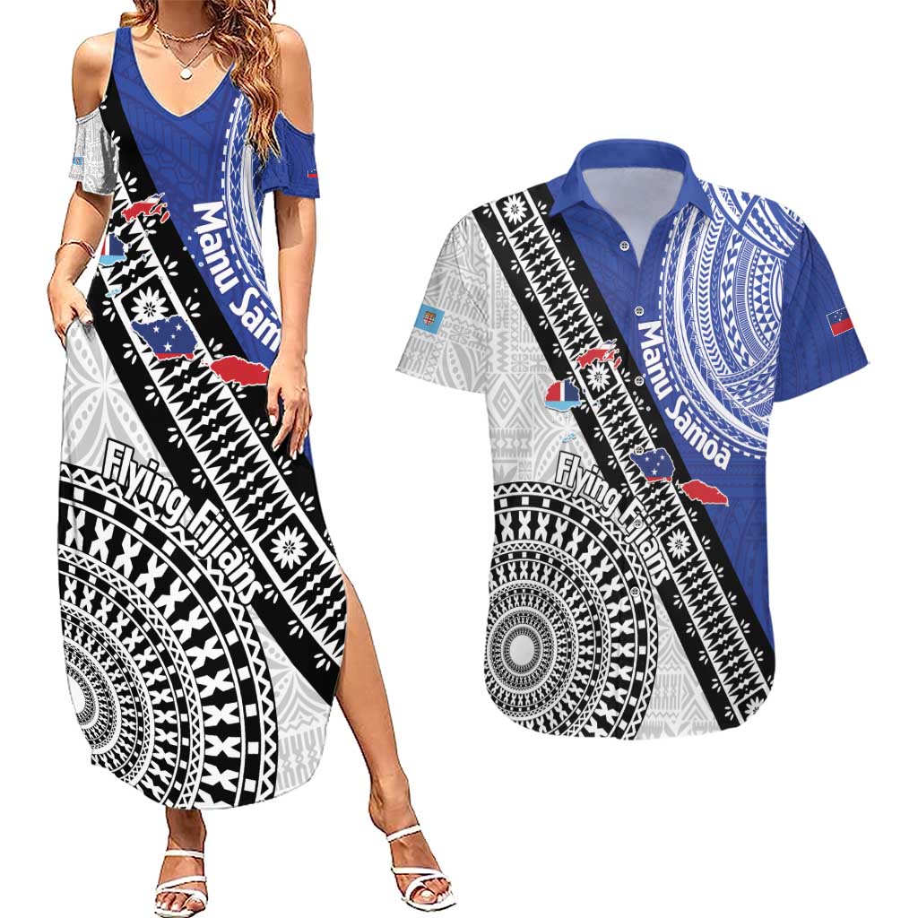 Fiji an Samoa Rugby Custom Couples Matching Summer Maxi Dress and Hawaiian Shirt Flying Fijians Manu Samoa Together Pacific LT14 Blue - Polynesian Pride