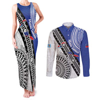 Fiji an Samoa Rugby Custom Couples Matching Tank Maxi Dress and Long Sleeve Button Shirt Flying Fijians Manu Samoa Together Pacific LT14 Blue - Polynesian Pride