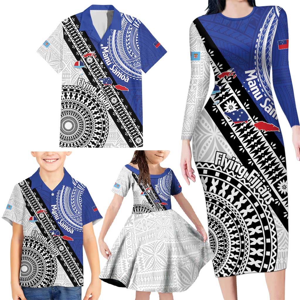 Fiji an Samoa Rugby Custom Family Matching Long Sleeve Bodycon Dress and Hawaiian Shirt Flying Fijians Manu Samoa Together Pacific LT14 - Polynesian Pride