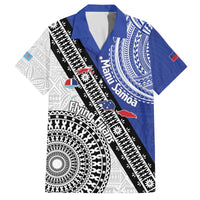 Fiji an Samoa Rugby Custom Family Matching Off The Shoulder Long Sleeve Dress and Hawaiian Shirt Flying Fijians Manu Samoa Together Pacific LT14 Dad's Shirt - Short Sleeve Blue - Polynesian Pride