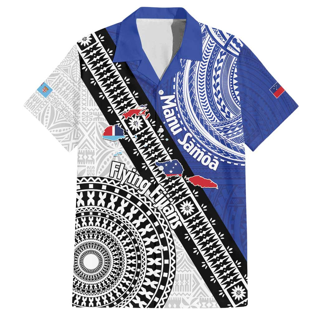 Fiji an Samoa Rugby Custom Family Matching Off Shoulder Short Dress and Hawaiian Shirt Flying Fijians Manu Samoa Together Pacific LT14 Dad's Shirt - Short Sleeve Blue - Polynesian Pride