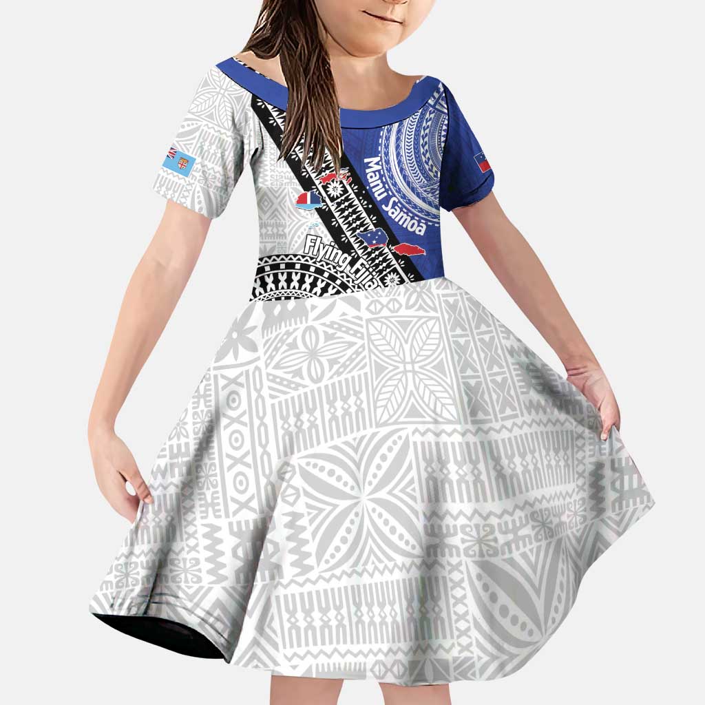 Fiji an Samoa Rugby Custom Family Matching Puletasi and Hawaiian Shirt Flying Fijians Manu Samoa Together Pacific LT14 Daughter's Dress Blue - Polynesian Pride