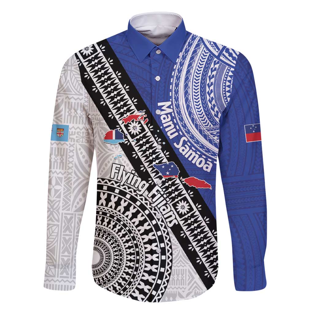 Fiji an Samoa Rugby Custom Family Matching Short Sleeve Bodycon Dress and Hawaiian Shirt Flying Fijians Manu Samoa Together Pacific LT14 Dad's Shirt - Long Sleeve Blue - Polynesian Pride