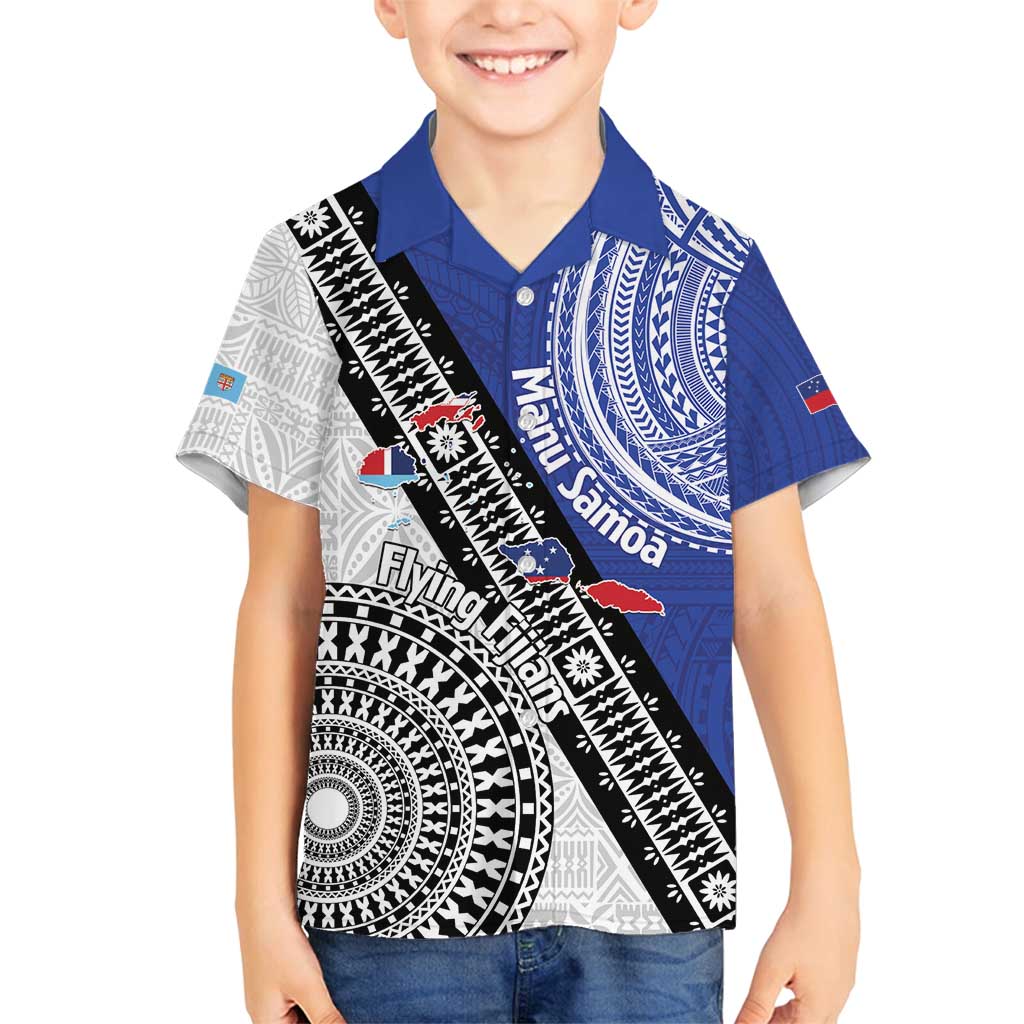 Fiji an Samoa Rugby Custom Family Matching Tank Maxi Dress and Hawaiian Shirt Flying Fijians Manu Samoa Together Pacific LT14 Son's Shirt Blue - Polynesian Pride