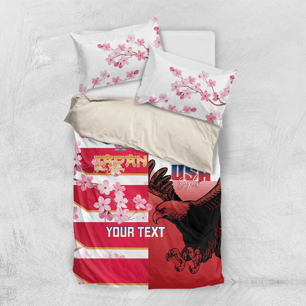 USA and Japan Rugby Custom Bedding Set Eagles Brave Blossoms Together Pacific LT14 US Twin 172cm x 218cm Red - Polynesian Pride