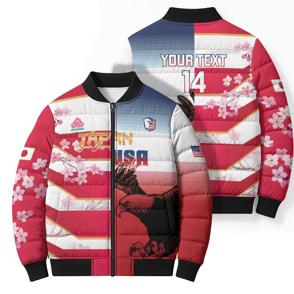USA and Japan Rugby Custom Bomber Puffer Jacket Eagles Brave Blossoms Together Pacific - Polynesian Pride