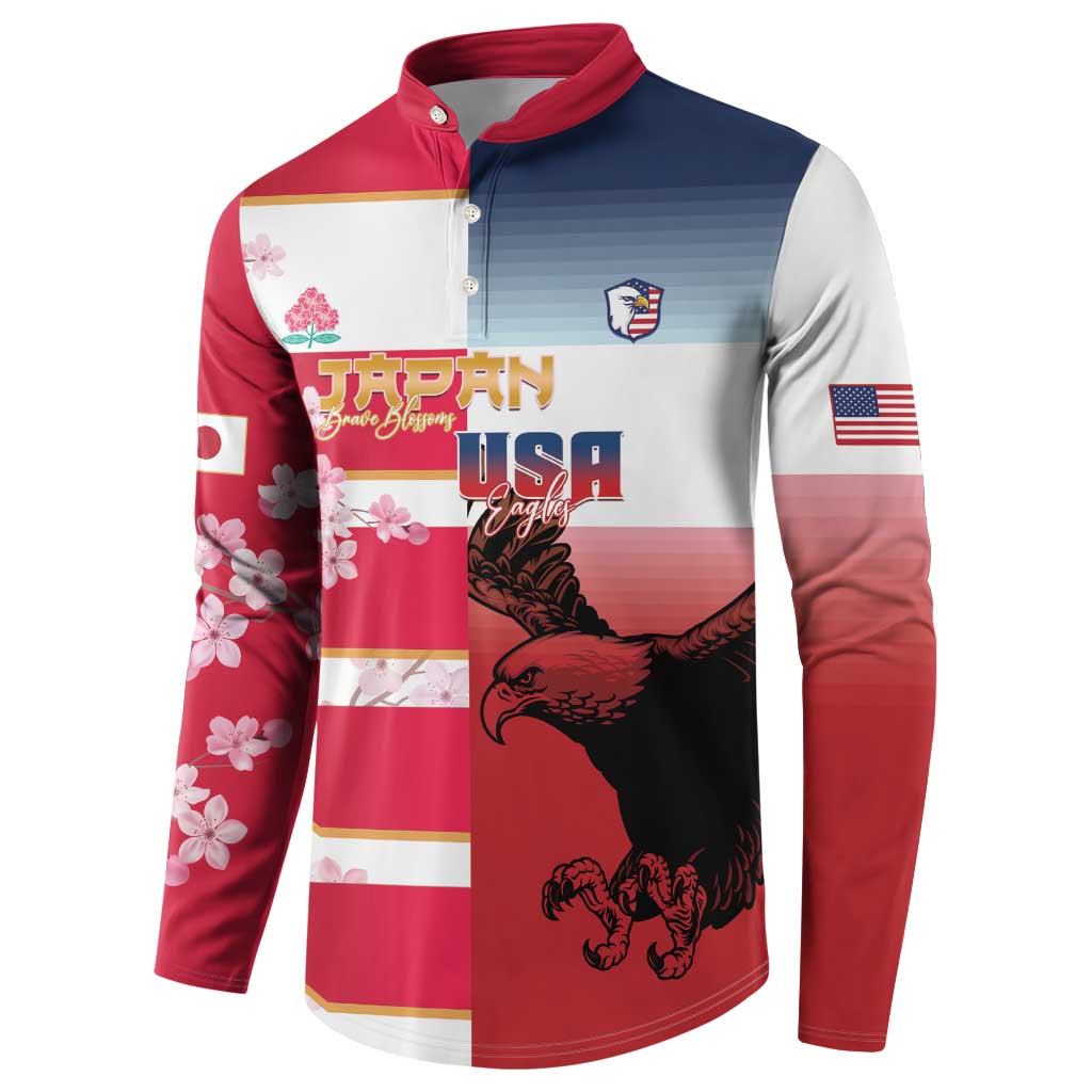 USA and Japan Rugby Custom Button Sweatshirt Eagles Brave Blossoms Together Pacific - Polynesian Pride