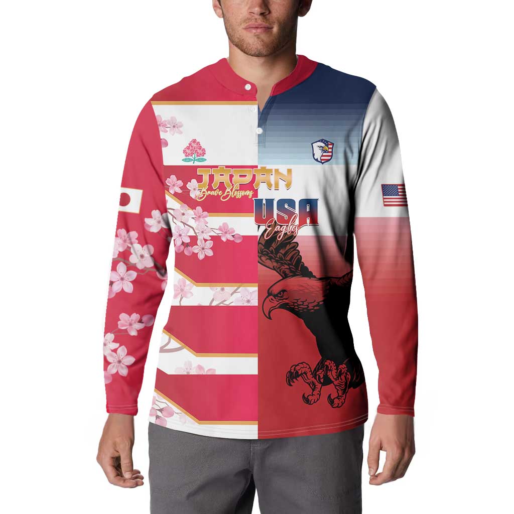 USA and Japan Rugby Custom Button Sweatshirt Eagles Brave Blossoms Together Pacific - Polynesian Pride