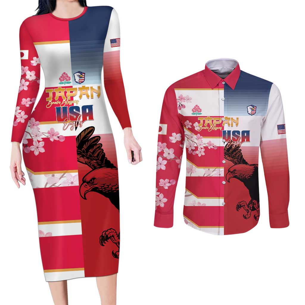 USA and Japan Rugby Custom Couples Matching Long Sleeve Bodycon Dress and Long Sleeve Button Shirt Eagles Brave Blossoms Together Pacific - Polynesian Pride