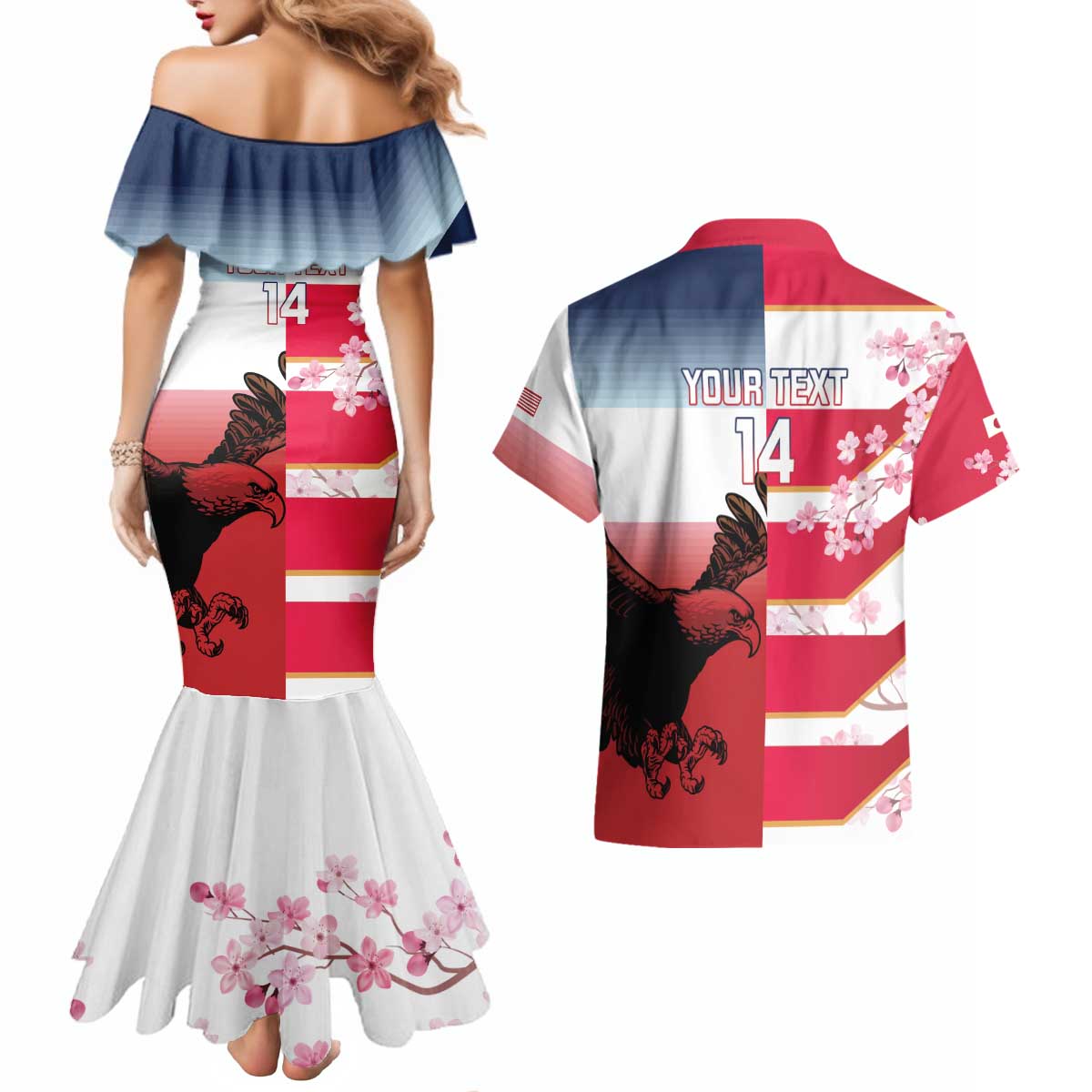 USA and Japan Rugby Custom Couples Matching Mermaid Dress and Hawaiian Shirt Eagles Brave Blossoms Together Pacific - Polynesian Pride