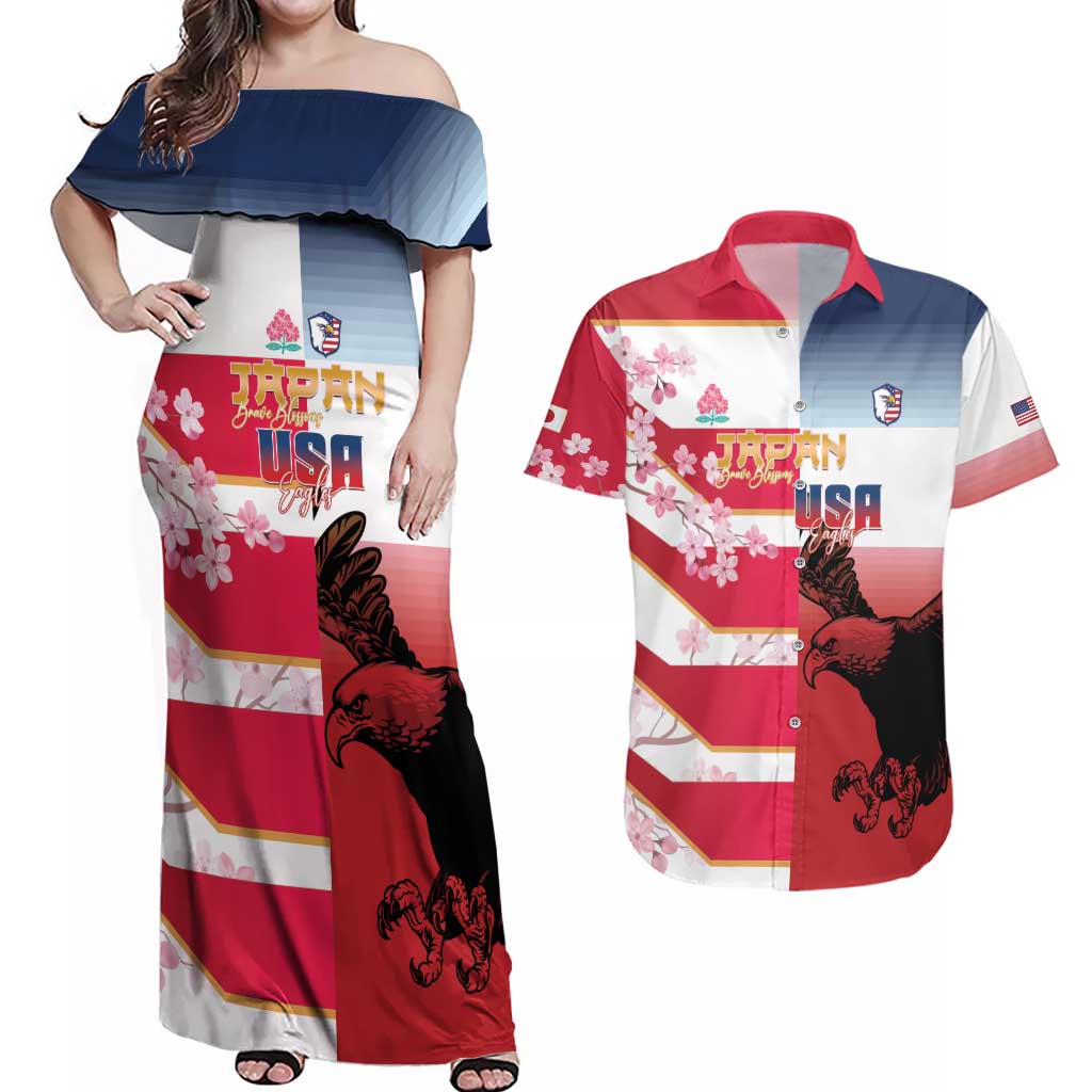 USA and Japan Rugby Custom Couples Matching Off Shoulder Maxi Dress and Hawaiian Shirt Eagles Brave Blossoms Together Pacific LT14 Red - Polynesian Pride