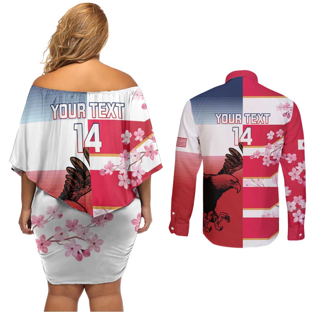 USA and Japan Rugby Custom Couples Matching Off Shoulder Short Dress and Long Sleeve Button Shirt Eagles Brave Blossoms Together Pacific LT14 - Polynesian Pride