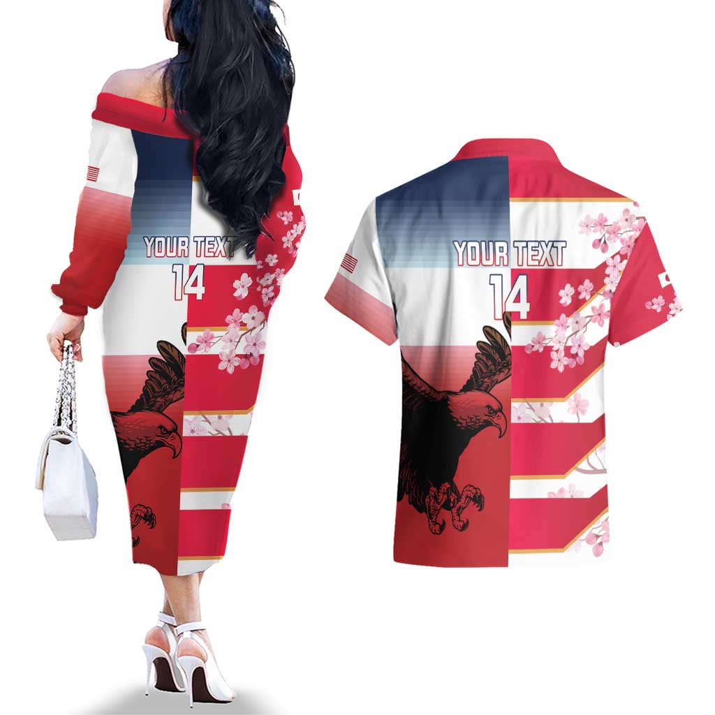 USA and Japan Rugby Custom Couples Matching Off The Shoulder Long Sleeve Dress and Hawaiian Shirt Eagles Brave Blossoms Together Pacific LT14 - Polynesian Pride