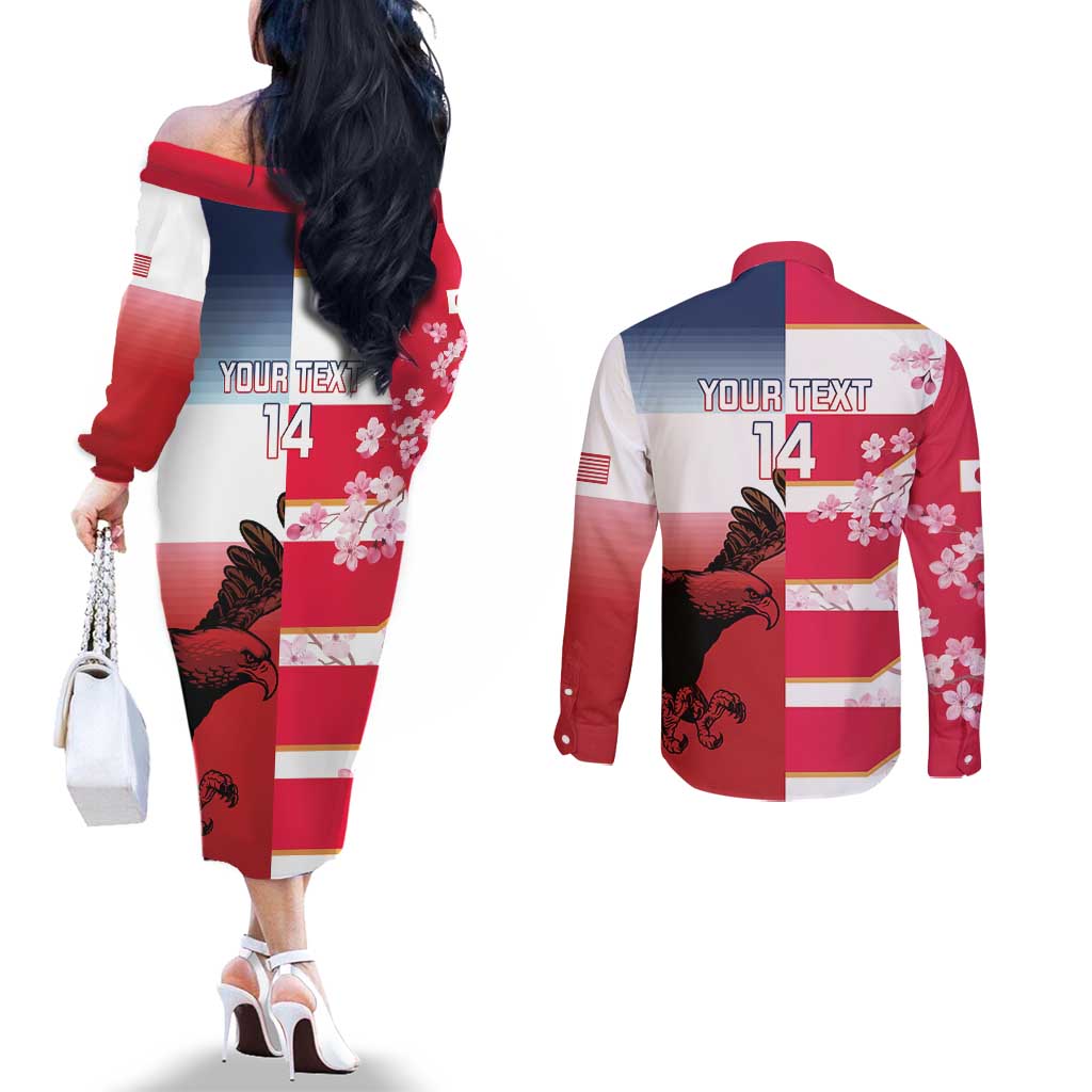 USA and Japan Rugby Custom Couples Matching Off The Shoulder Long Sleeve Dress and Long Sleeve Button Shirt Eagles Brave Blossoms Together Pacific - Polynesian Pride