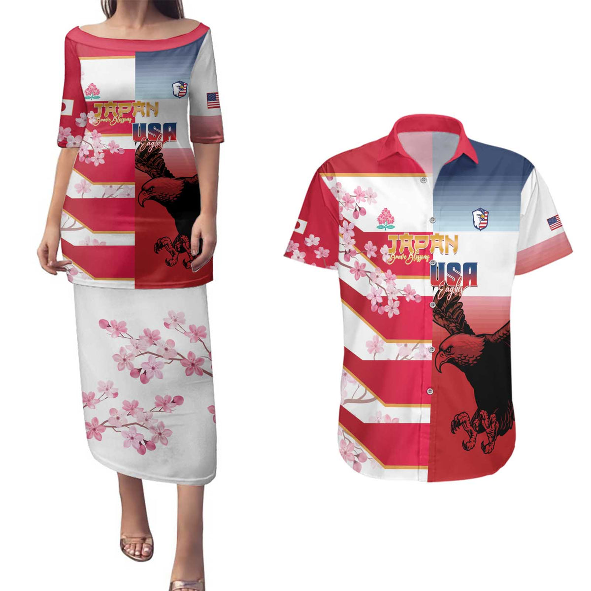 USA and Japan Rugby Custom Couples Matching Puletasi and Hawaiian Shirt Eagles Brave Blossoms Together Pacific - Polynesian Pride