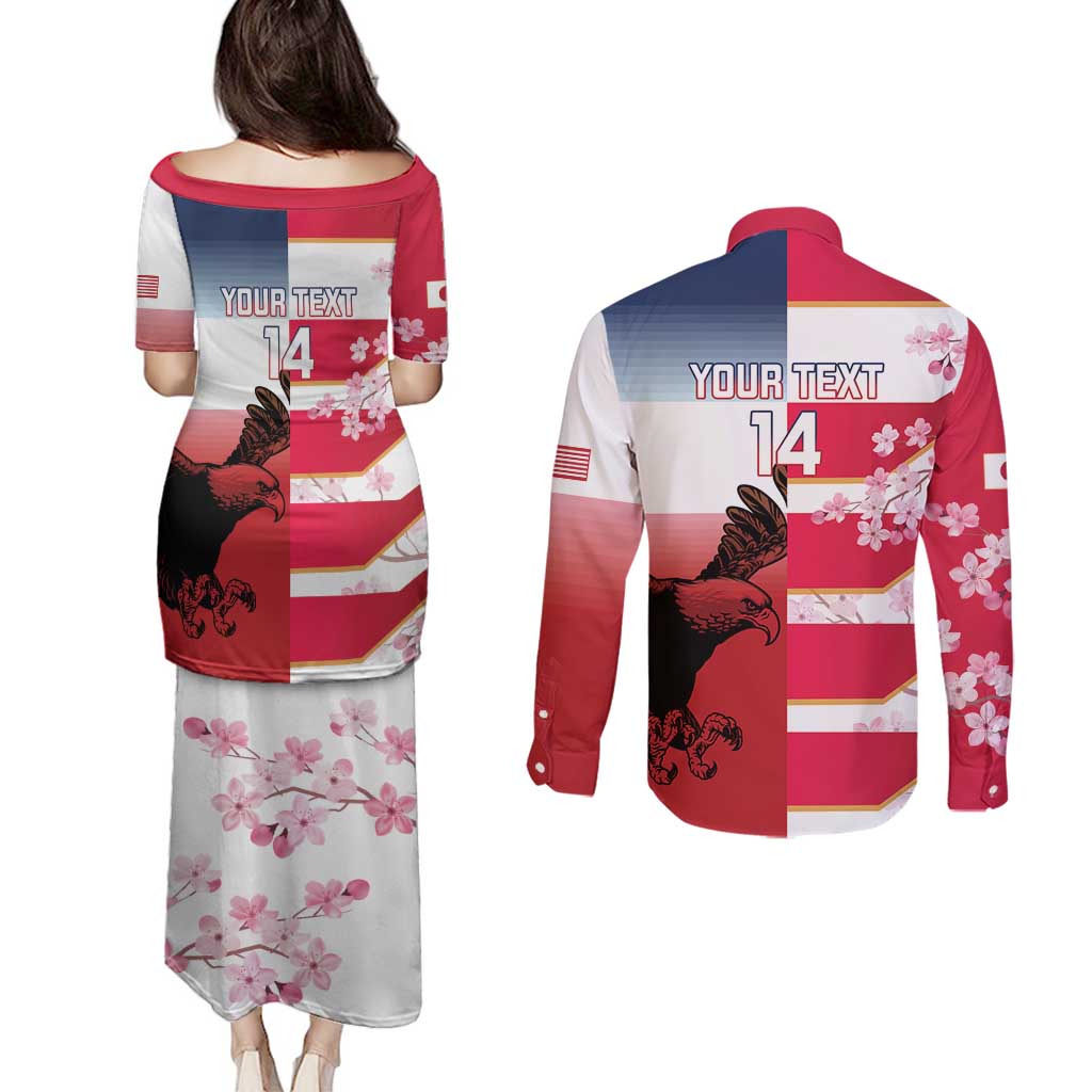 USA and Japan Rugby Custom Couples Matching Puletasi and Long Sleeve Button Shirt Eagles Brave Blossoms Together Pacific - Polynesian Pride