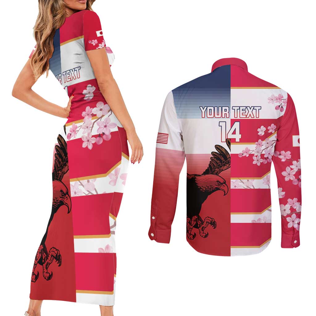 USA and Japan Rugby Custom Couples Matching Short Sleeve Bodycon Dress and Long Sleeve Button Shirt Eagles Brave Blossoms Together Pacific - Polynesian Pride
