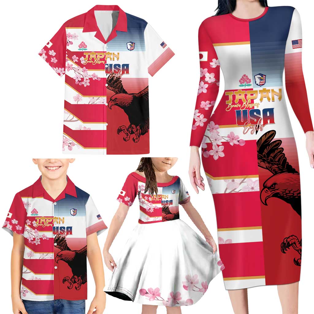 USA and Japan Rugby Custom Family Matching Long Sleeve Bodycon Dress and Hawaiian Shirt Eagles Brave Blossoms Together Pacific - Polynesian Pride