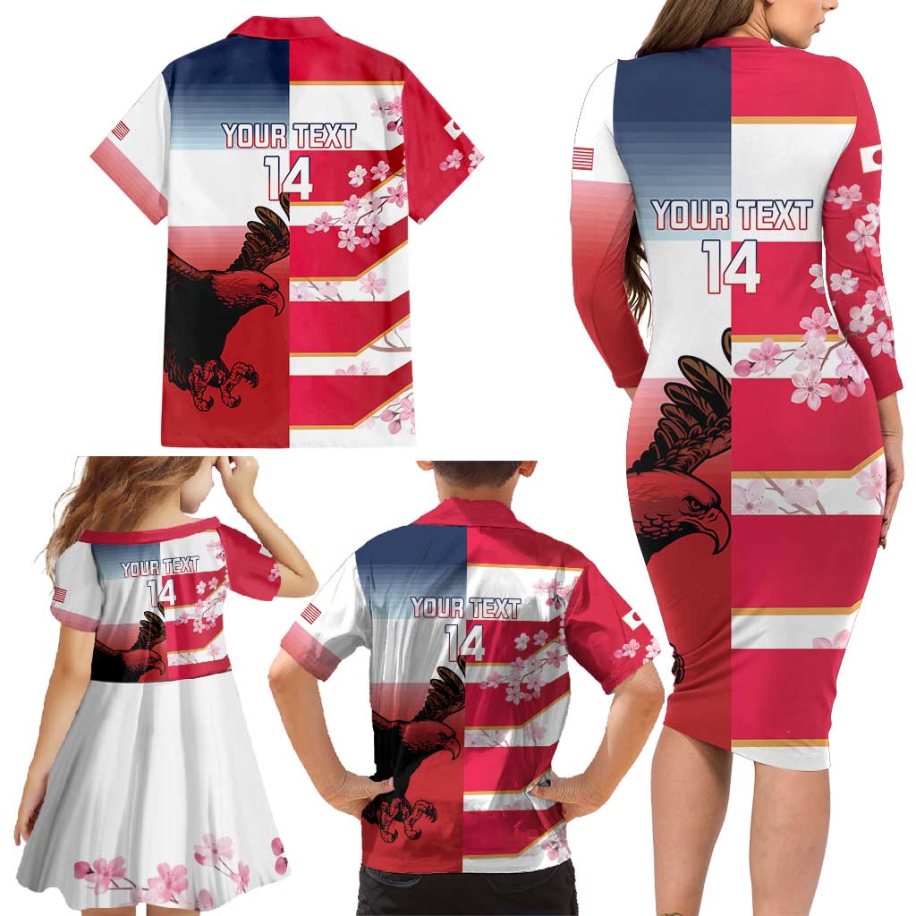 USA and Japan Rugby Custom Family Matching Long Sleeve Bodycon Dress and Hawaiian Shirt Eagles Brave Blossoms Together Pacific LT14 - Polynesian Pride
