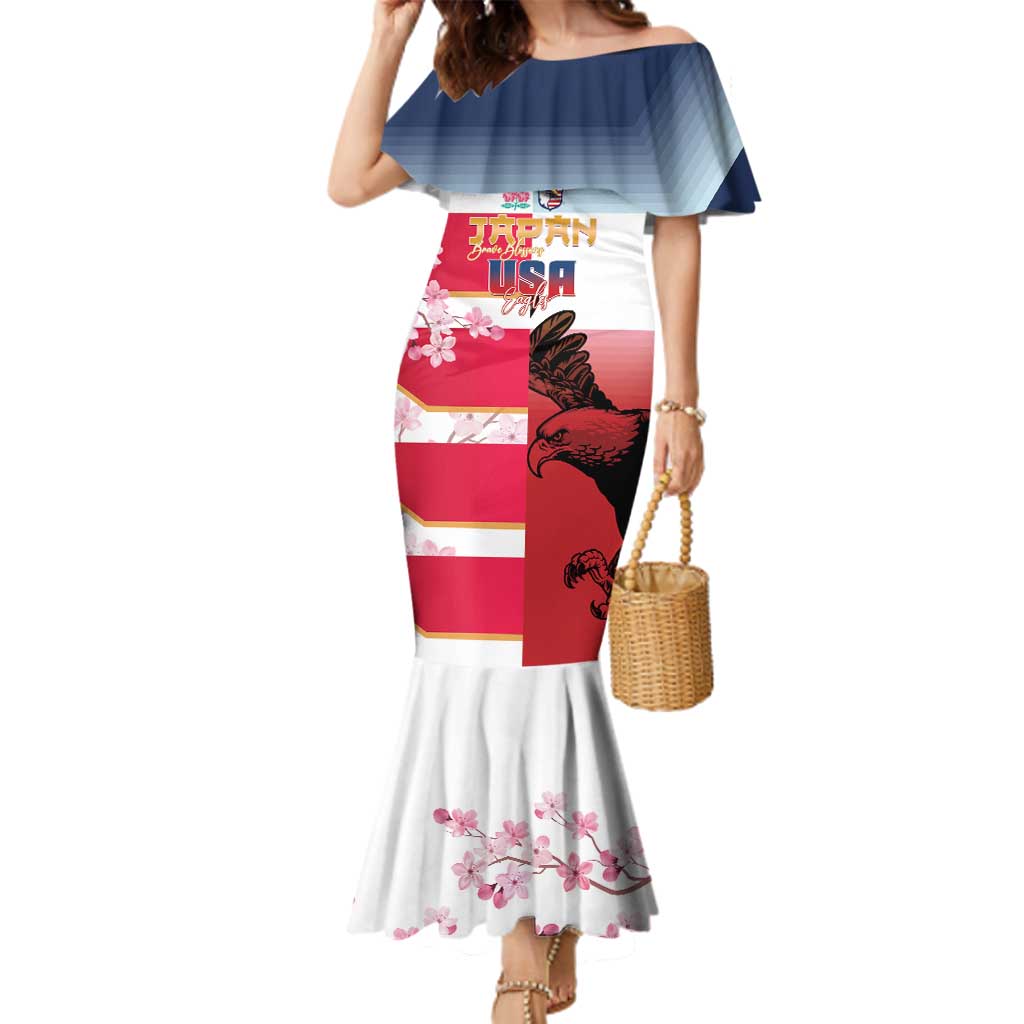 USA and Japan Rugby Custom Family Matching Mermaid Dress and Hawaiian Shirt Eagles Brave Blossoms Together Pacific LT14 Mom's Dress Red - Polynesian Pride