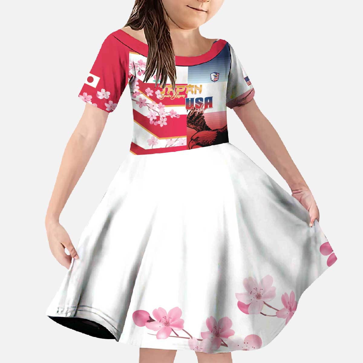 USA and Japan Rugby Custom Family Matching Off The Shoulder Long Sleeve Dress and Hawaiian Shirt Eagles Brave Blossoms Together Pacific LT14 Daughter's Dress Red - Polynesian Pride