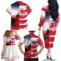USA and Japan Rugby Custom Family Matching Off The Shoulder Long Sleeve Dress and Hawaiian Shirt Eagles Brave Blossoms Together Pacific LT14 - Polynesian Pride
