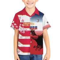 USA and Japan Rugby Custom Family Matching Off Shoulder Short Dress and Hawaiian Shirt Eagles Brave Blossoms Together Pacific LT14 Son's Shirt Red - Polynesian Pride