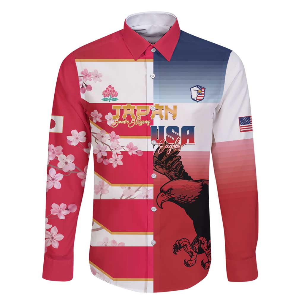 USA and Japan Rugby Custom Family Matching Short Sleeve Bodycon Dress and Hawaiian Shirt Eagles Brave Blossoms Together Pacific LT14 Dad's Shirt - Long Sleeve Red - Polynesian Pride