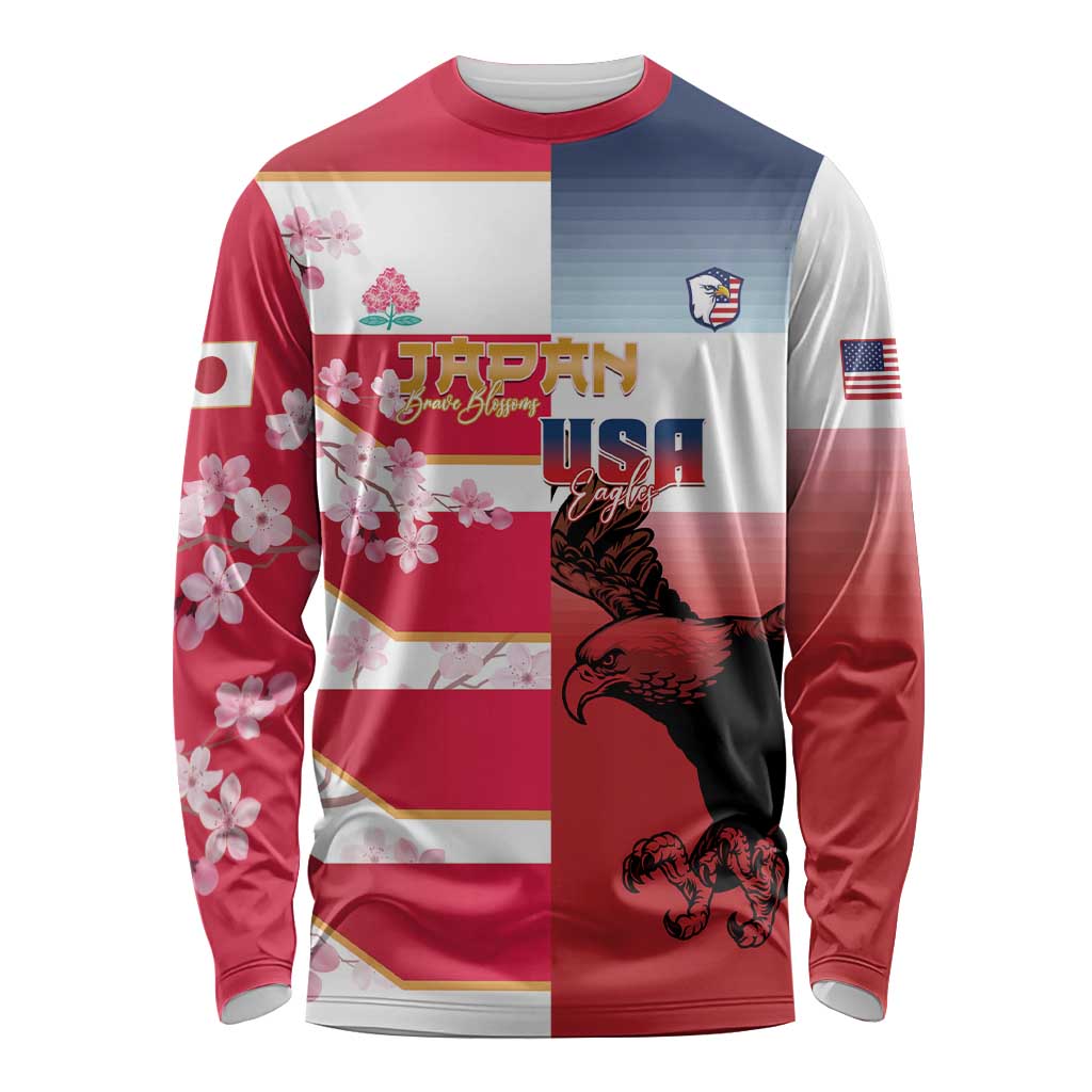 USA and Japan Rugby Custom Long Sleeve Shirt Eagles Brave Blossoms Together Pacific - Polynesian Pride