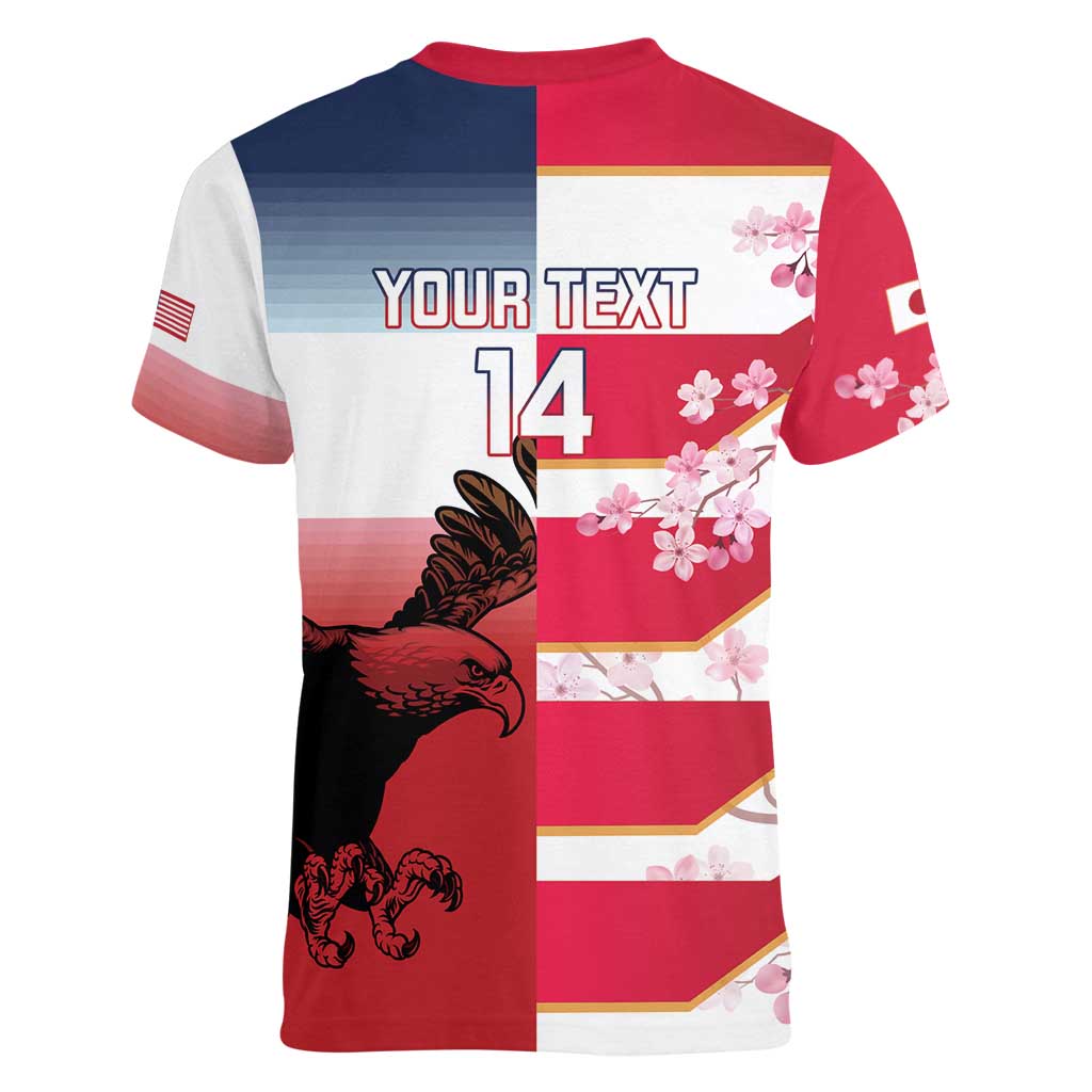 USA and Japan Rugby Custom Women V-Neck T-Shirt Eagles Brave Blossoms Together Pacific LT14 - Polynesian Pride