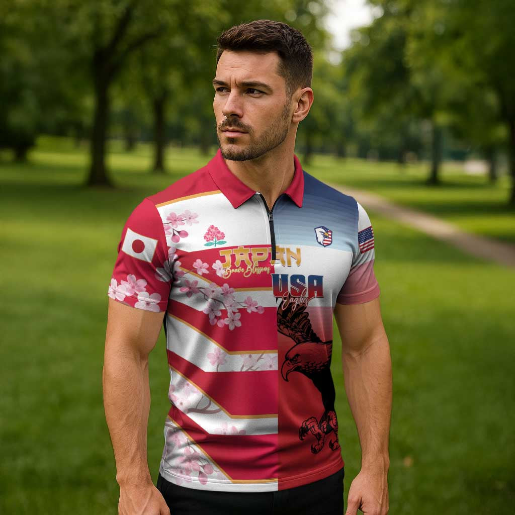 USA and Japan Rugby Custom Zipper Polo Shirt Eagles Brave Blossoms Together Pacific - Polynesian Pride