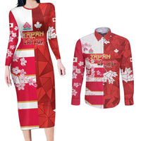 Canada and Japan Rugby Custom Couples Matching Long Sleeve Bodycon Dress and Long Sleeve Button Shirt Canucks Brave Blossoms Together Pacific LT14 Red - Polynesian Pride