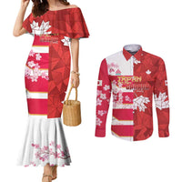 Canada and Japan Rugby Custom Couples Matching Mermaid Dress and Long Sleeve Button Shirt Canucks Brave Blossoms Together Pacific LT14 Red - Polynesian Pride