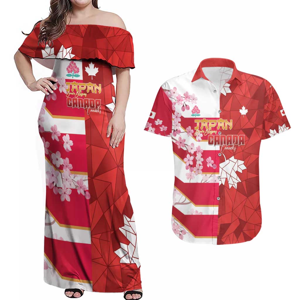 Canada and Japan Rugby Custom Couples Matching Off Shoulder Maxi Dress and Hawaiian Shirt Canucks Brave Blossoms Together Pacific LT14 Red - Polynesian Pride