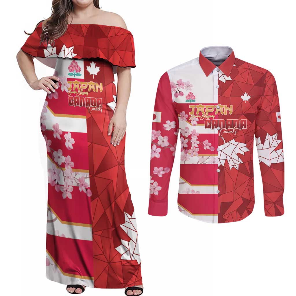 Canada and Japan Rugby Custom Couples Matching Off Shoulder Maxi Dress and Long Sleeve Button Shirt Canucks Brave Blossoms Together Pacific LT14 Red - Polynesian Pride