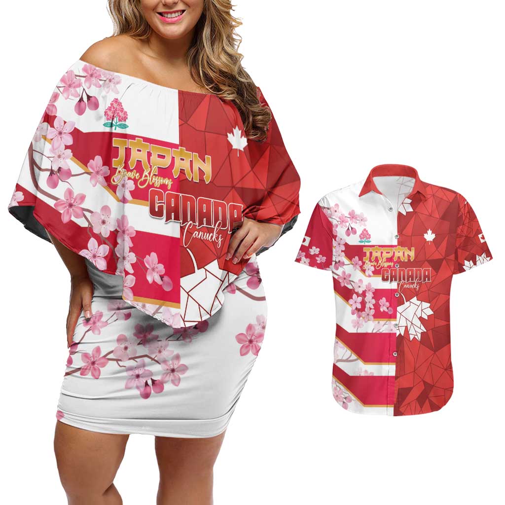 Canada and Japan Rugby Custom Couples Matching Off Shoulder Short Dress and Hawaiian Shirt Canucks Brave Blossoms Together Pacific - Polynesian Pride