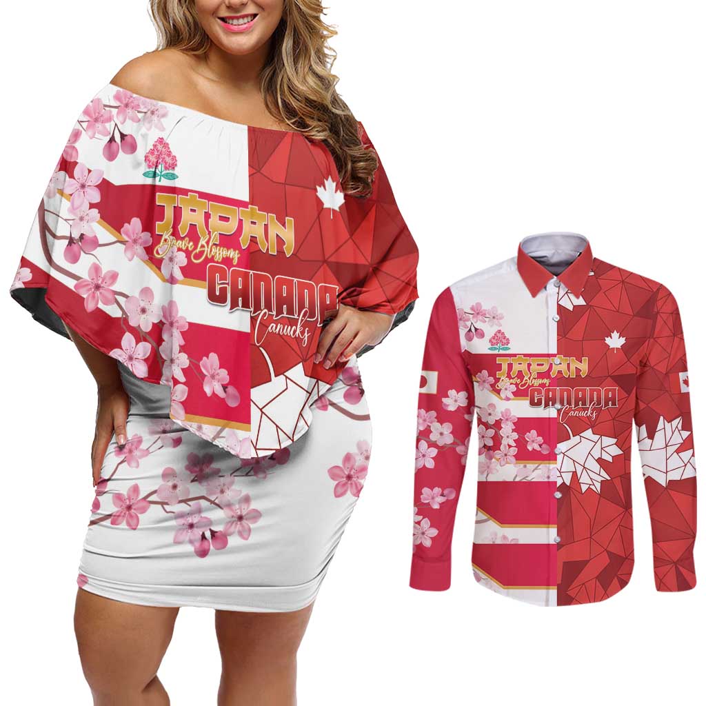Canada and Japan Rugby Custom Couples Matching Off Shoulder Short Dress and Long Sleeve Button Shirt Canucks Brave Blossoms Together Pacific LT14 Red - Polynesian Pride