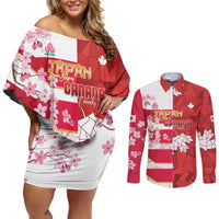Canada and Japan Rugby Custom Couples Matching Off Shoulder Short Dress and Long Sleeve Button Shirt Canucks Brave Blossoms Together Pacific LT14 Red - Polynesian Pride
