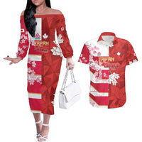 Canada and Japan Rugby Custom Couples Matching Off The Shoulder Long Sleeve Dress and Hawaiian Shirt Canucks Brave Blossoms Together Pacific LT14 Red - Polynesian Pride
