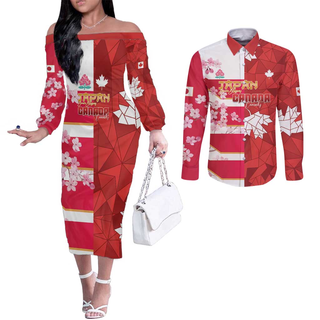 Canada and Japan Rugby Custom Couples Matching Off The Shoulder Long Sleeve Dress and Long Sleeve Button Shirt Canucks Brave Blossoms Together Pacific LT14 Red - Polynesian Pride