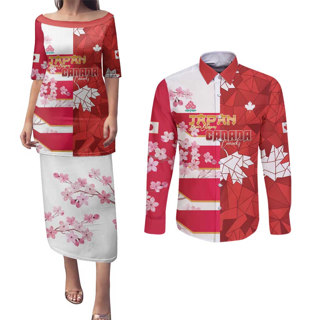 Canada and Japan Rugby Custom Couples Matching Puletasi and Long Sleeve Button Shirt Canucks Brave Blossoms Together Pacific - Polynesian Pride