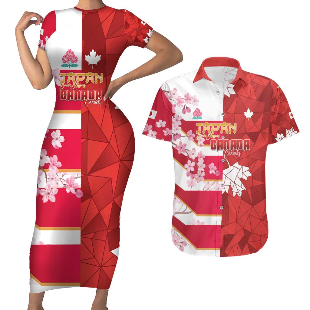 Canada and Japan Rugby Custom Couples Matching Short Sleeve Bodycon Dress and Hawaiian Shirt Canucks Brave Blossoms Together Pacific - Polynesian Pride