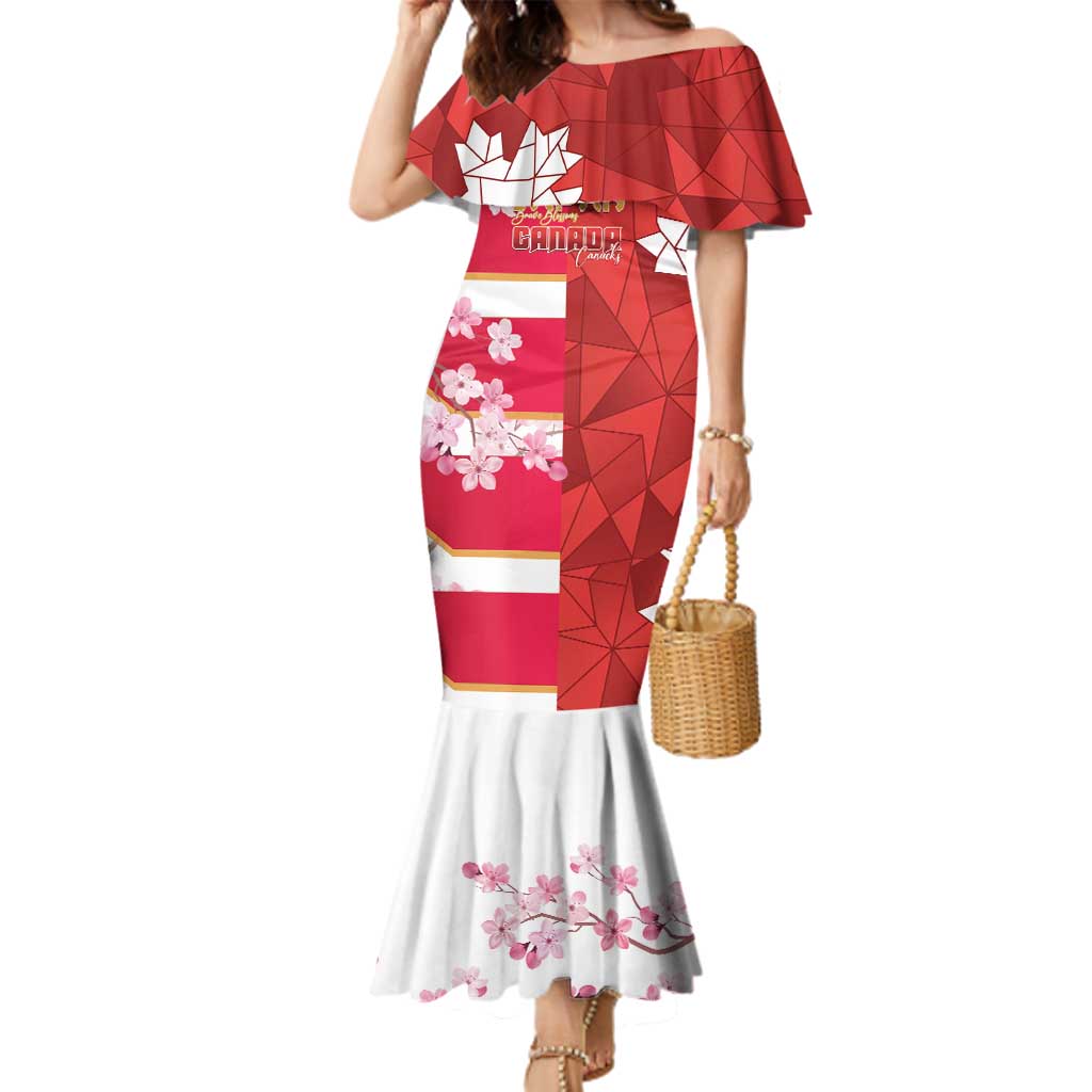 Canada and Japan Rugby Custom Family Matching Mermaid Dress and Hawaiian Shirt Canucks Brave Blossoms Together Pacific LT14 Mom's Dress Red - Polynesian Pride