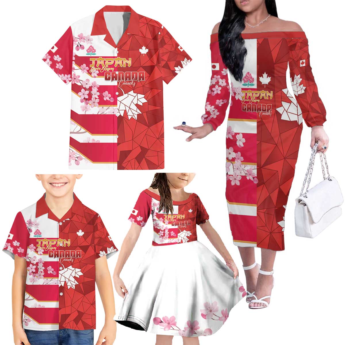 Canada and Japan Rugby Custom Family Matching Off The Shoulder Long Sleeve Dress and Hawaiian Shirt Canucks Brave Blossoms Together Pacific LT14 - Polynesian Pride