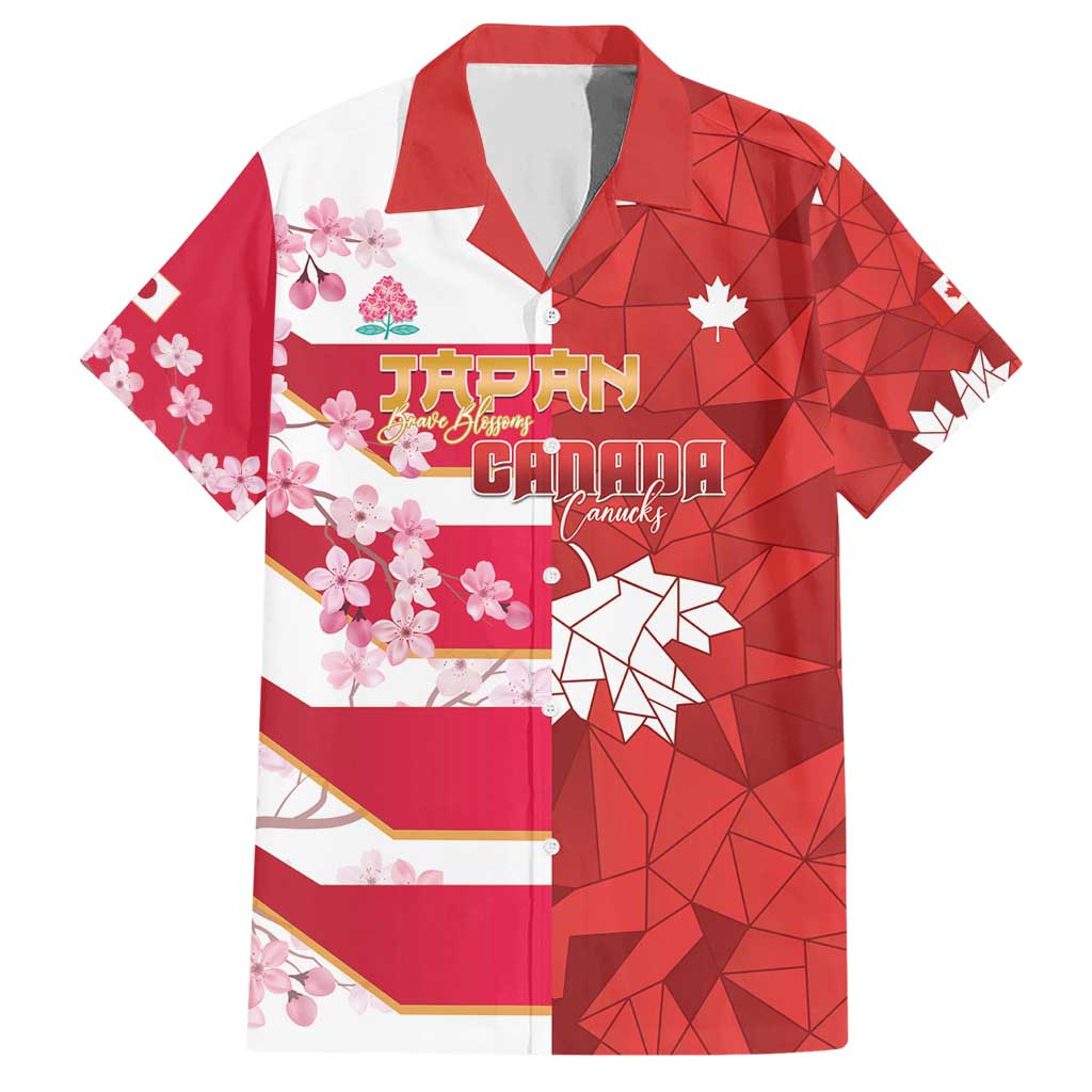 Canada and Japan Rugby Custom Family Matching Short Sleeve Bodycon Dress and Hawaiian Shirt Canucks Brave Blossoms Together Pacific LT14 Dad's Shirt - Short Sleeve Red - Polynesian Pride
