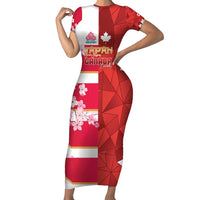 Canada and Japan Rugby Custom Family Matching Short Sleeve Bodycon Dress and Hawaiian Shirt Canucks Brave Blossoms Together Pacific LT14 Mom's Dress Red - Polynesian Pride