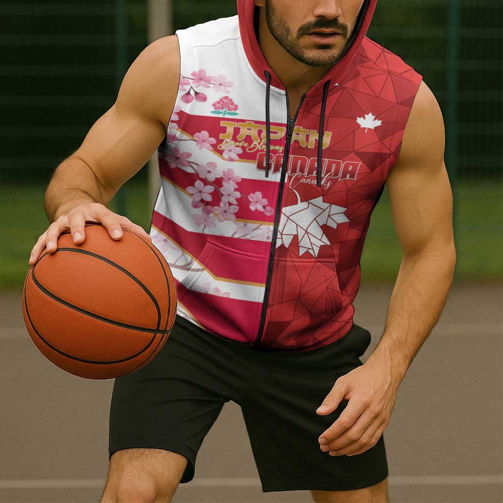Canada and Japan Rugby Custom Sleeveless Zip Hoodie Canucks Brave Blossoms Together Pacific - Polynesian Pride