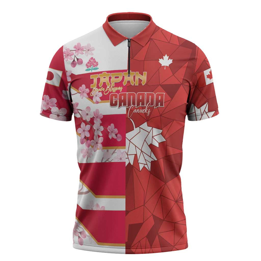 Canada and Japan Rugby Custom Zipper Polo Shirt Canucks Brave Blossoms Together Pacific - Polynesian Pride