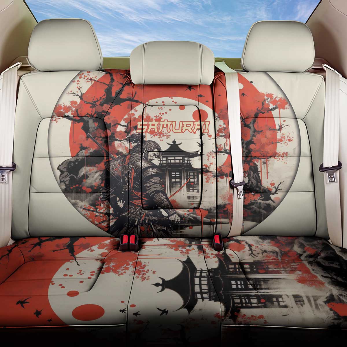 Samurai Warrior Japan Back Car Seat Cover Red-blossomed Tree Classic Japanese Stylized LT14 One Size Red - Polynesian Pride